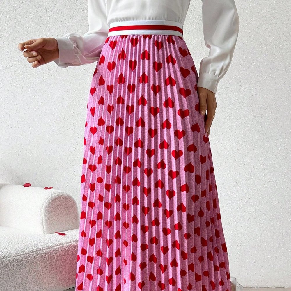 Hot Pink Casual Womens Women's Love Heart Printed Pleated Skirt - Picture 4 of 5